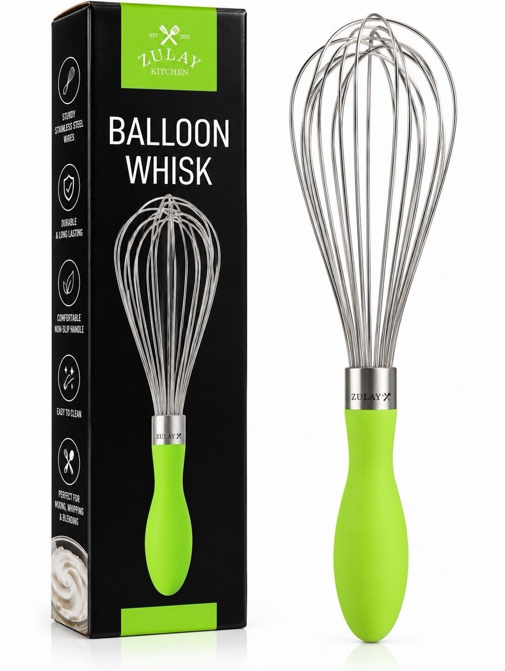 💚 Zulay Kitchen Balloon Whisk – Stainless Steel – Green Handle